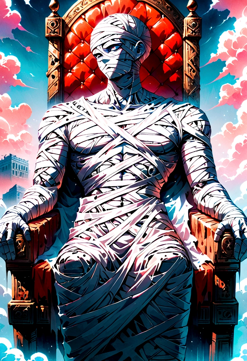 Male mummy sitting on throne made of clouds , front perspective 