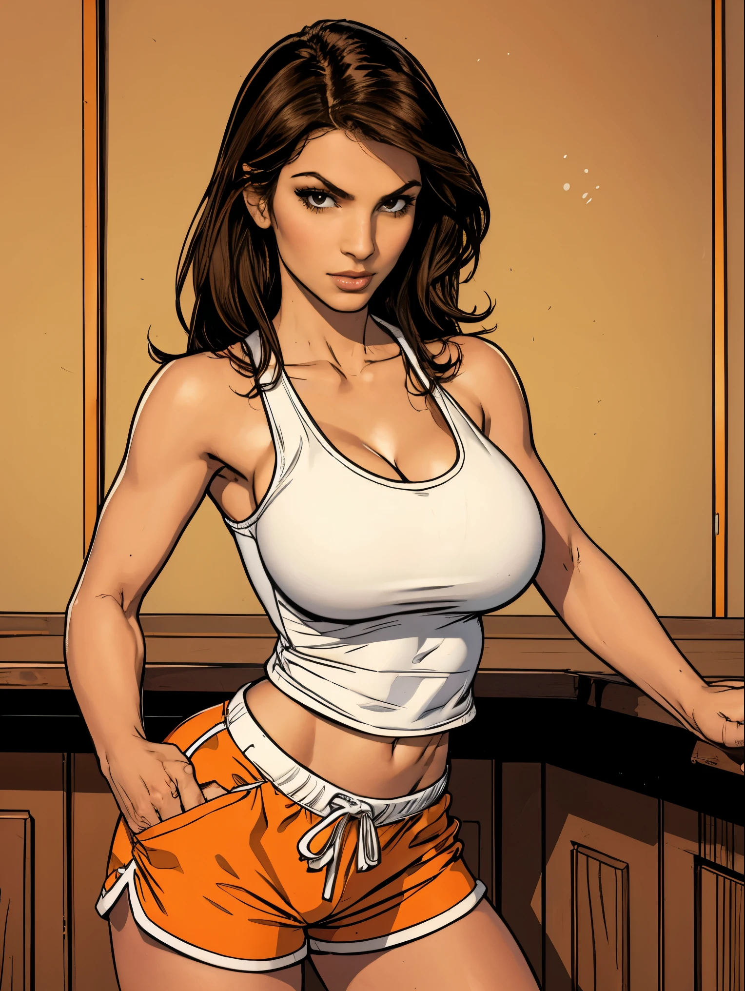 Gorgeous and sultry busty athletic (thin) brunette with sharp facial features and a (large nose) wearing a (Hooters uniform), white tank top, "Hooters", orange minishorts, notepad, restaurant