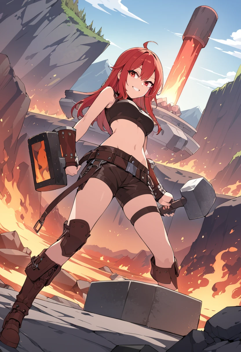 detailed illustration, dynamic angle, ultra-detailed, illustration, 1girl, fire red hair, red orange hair, smith hammer, anvil, lava, mountain, forge, smiling, red eyes, firey eyes, leather clothes, , medium breasts, crop top, shorts, jsmn style
