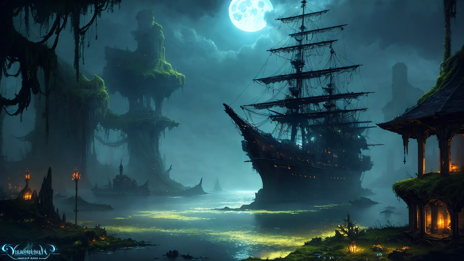 ship, high-fantasy, magical effects, hyper realistic, hyper detailed, mysterious air, ancient and abandoned, grown-over, luminescent moss, dark atmosphere, glowing lights spread evenly, very aesthetic, beautiful underwater scenery in the background,full moon