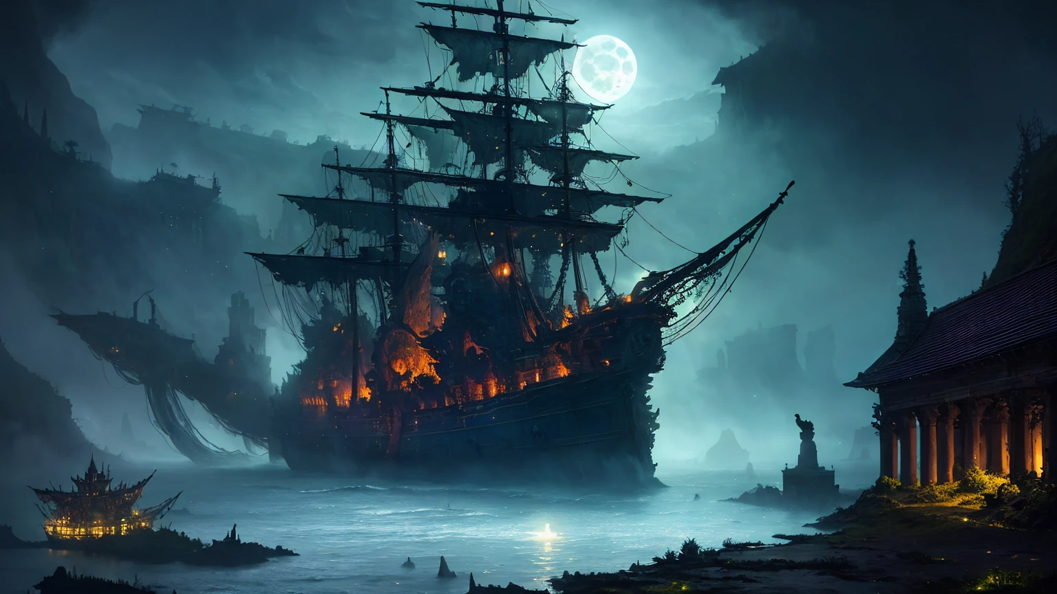 ship, high-fantasy, magical effects, hyper realistic, hyper detailed, mysterious air, ancient and abandoned, grown-over, luminescent moss, dark atmosphere, glowing lights spread evenly, very aesthetic, beautiful underwater scenery in the background,full moon