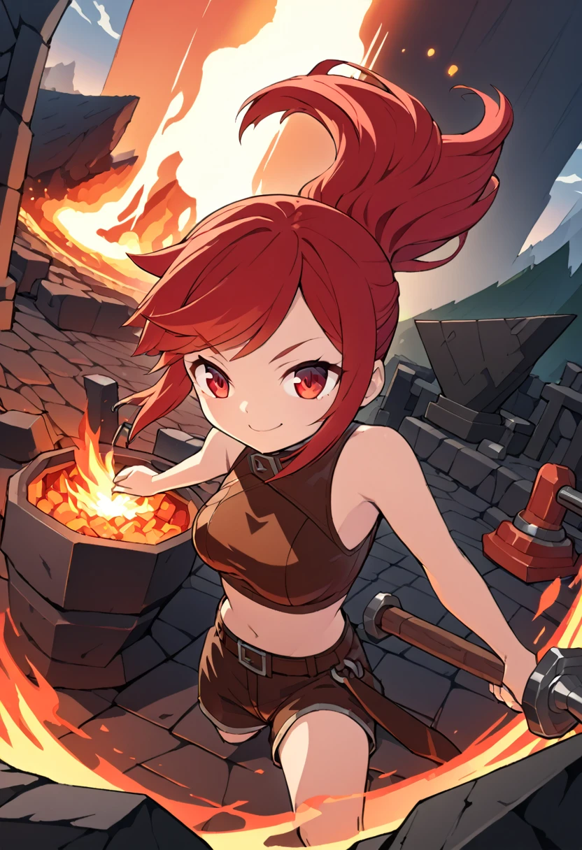 detailed illustration, dynamic angle, ultra-detailed, illustration, 1girl, fire red hair, red orange hair, smith hammer, anvil, lava, mountain, forge, smiling, red eyes, firey eyes, leather clothes, , medium breasts, crop top, shorts, WindWakerStyle