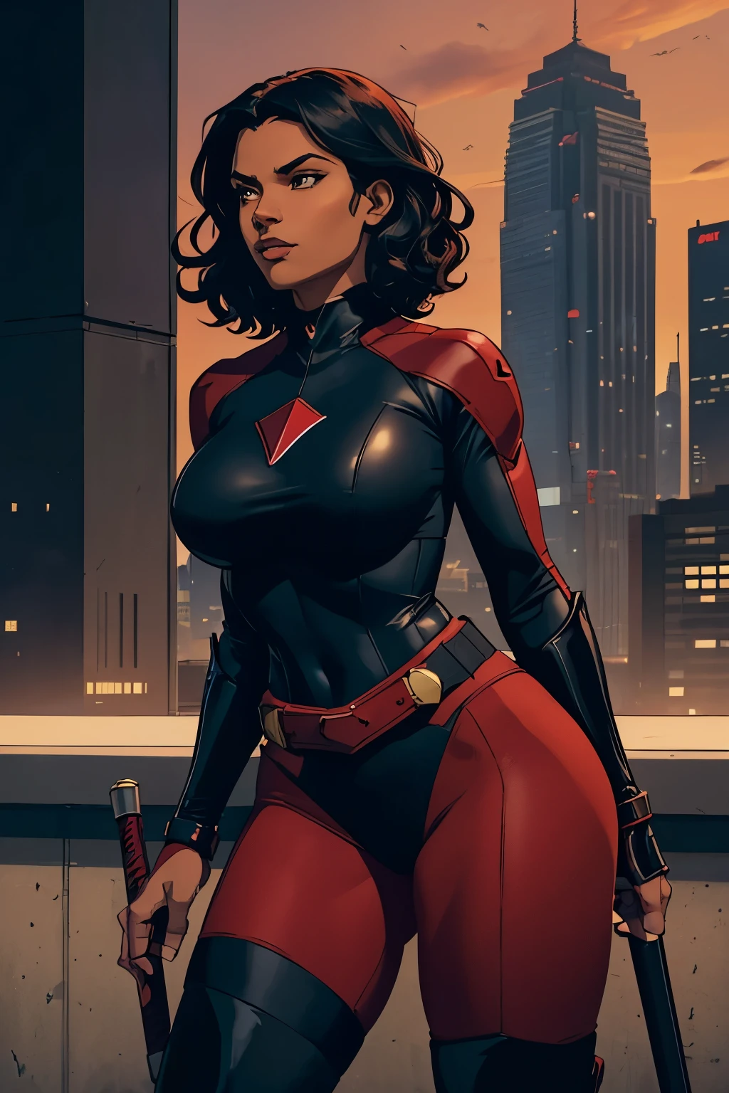 Cardinal, a gorgeous woman with (dark skin) wearing a modest black and red bodysuit, long sleeves, leggings. Athletic, huge breasts, wide hips. Short curly black hair, batons. bracers, shin guards, utility belt. Confident. City skyline, rooftops.