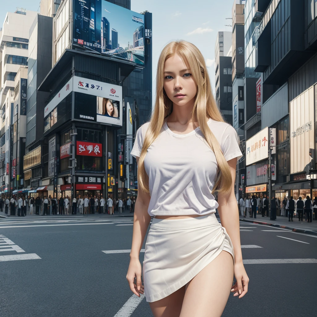 A beautiful Blonde young woman, 19 years old. slight smile, slim, perfect features, V-shaped face, medium bust, long curly blonde hair
in mini skirt and high heels stands on the sidewalk, her back to us, against the backdrop of Moscow city streets. She has long blonde hair tied behind her head with sunglasses hanging from it. and she is wearing a mini skirt and heeled shoes. Her pose shows off her legs, while cars pass by on both sides of the road. In front of him there's another woman walking along the street, also dressed for summer. 

Fashion photography, ultra realistic, Captured Sony Alpha III, aperture f/1.4, 50MP. Naturel back lighting, natural Colors, vibrant colors. -- stylize 250, -- V6, -- q2
