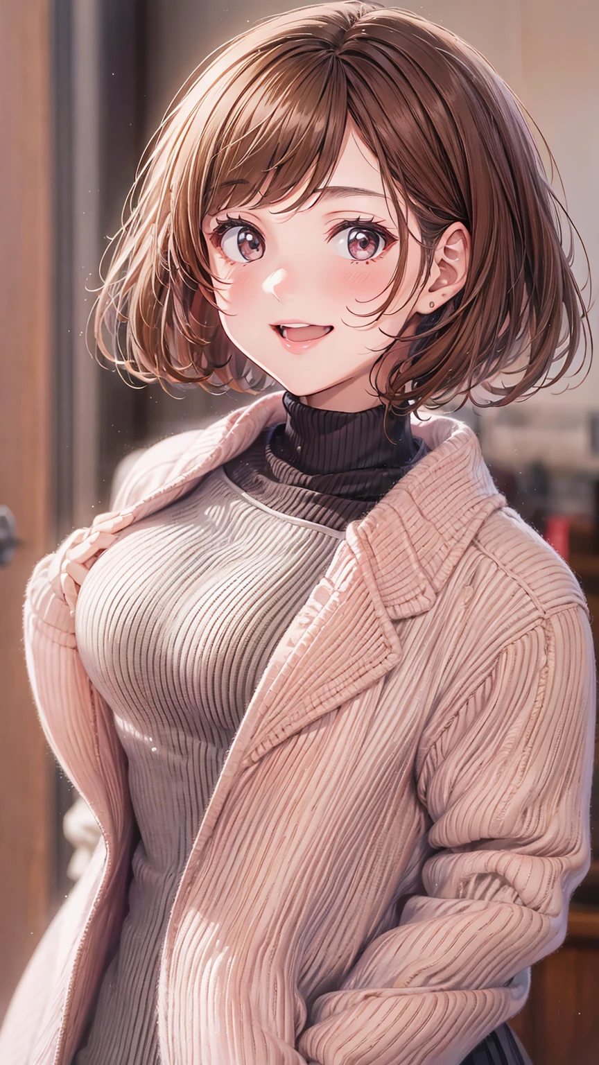 masterpiece、High resolution、High resolution、High resolution、1 female、Very close、((Depiction of only the upper body))、((Brown Hair、short hair))、A kind smile、Smiling with teeth showing、Pink Lip Gloss、white turtleneck sweater、Brown coat