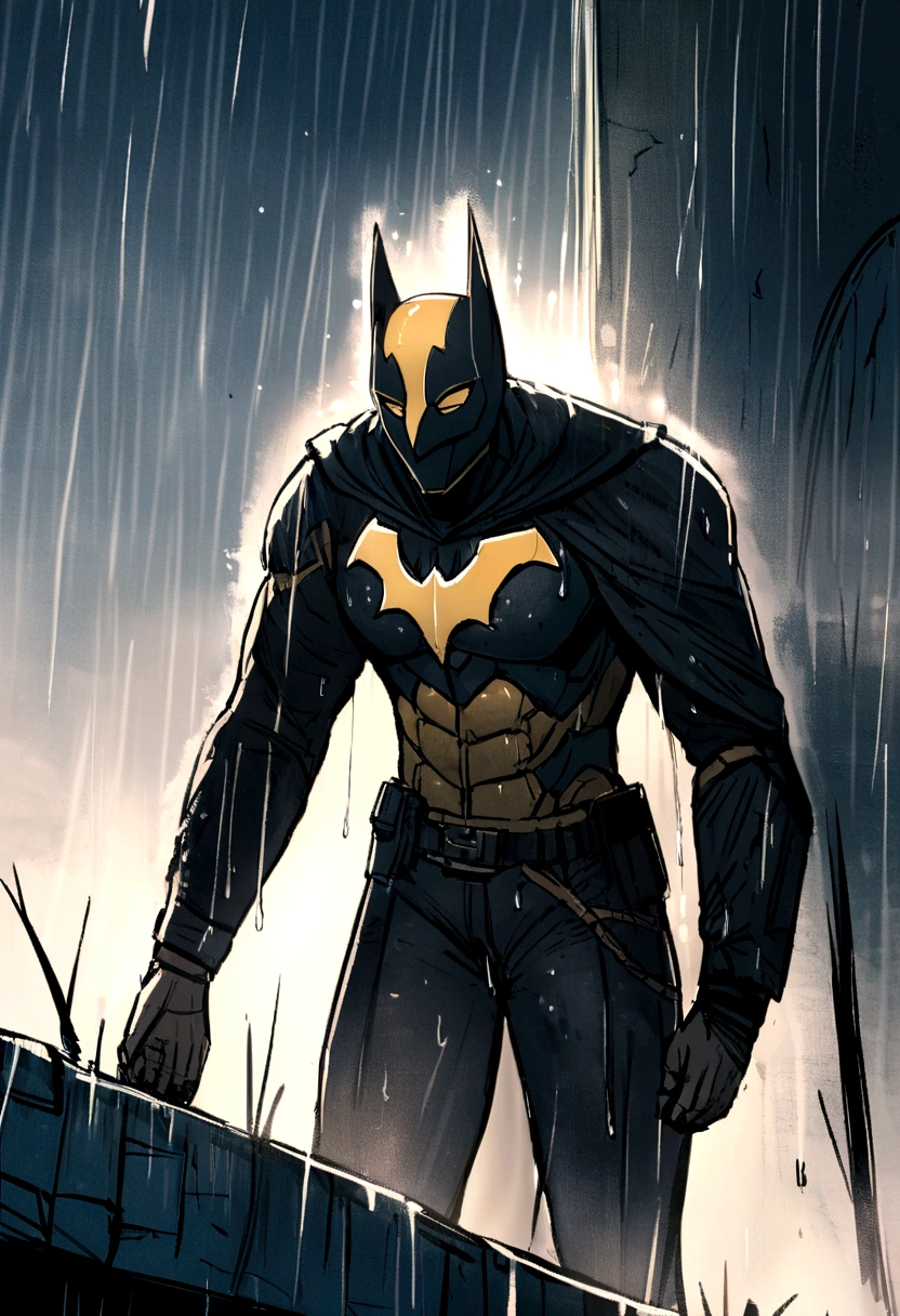 create concept art with batman man he is blonde and wet in the rain,Ranni,with half of the mask broken