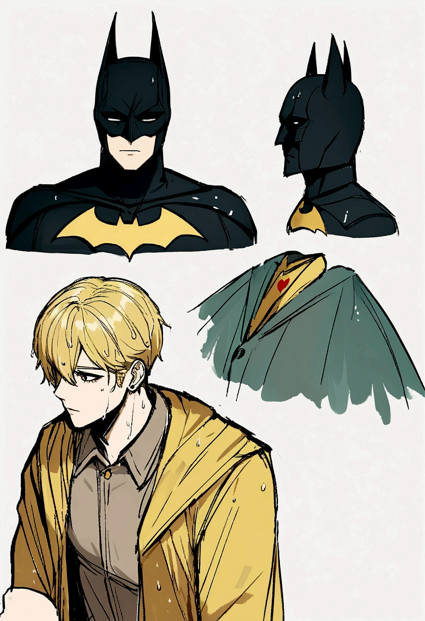 create concept art with batman man he is blonde and wet in the rain,Ranni,with half of the mask broken