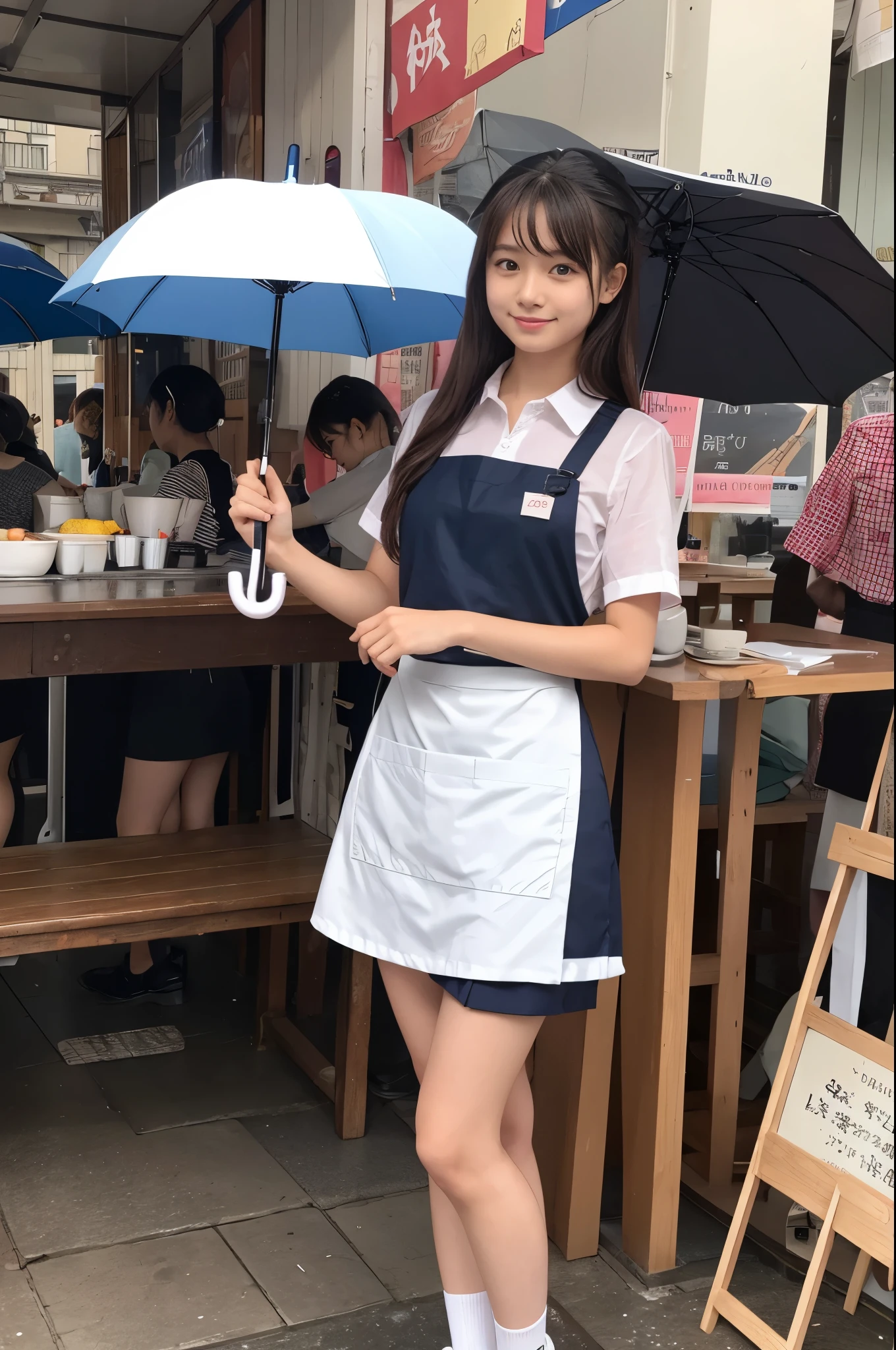 A 20-year-old girl selling umbrellas with umbrellas lined up(Wearing a miniskirt and apron)