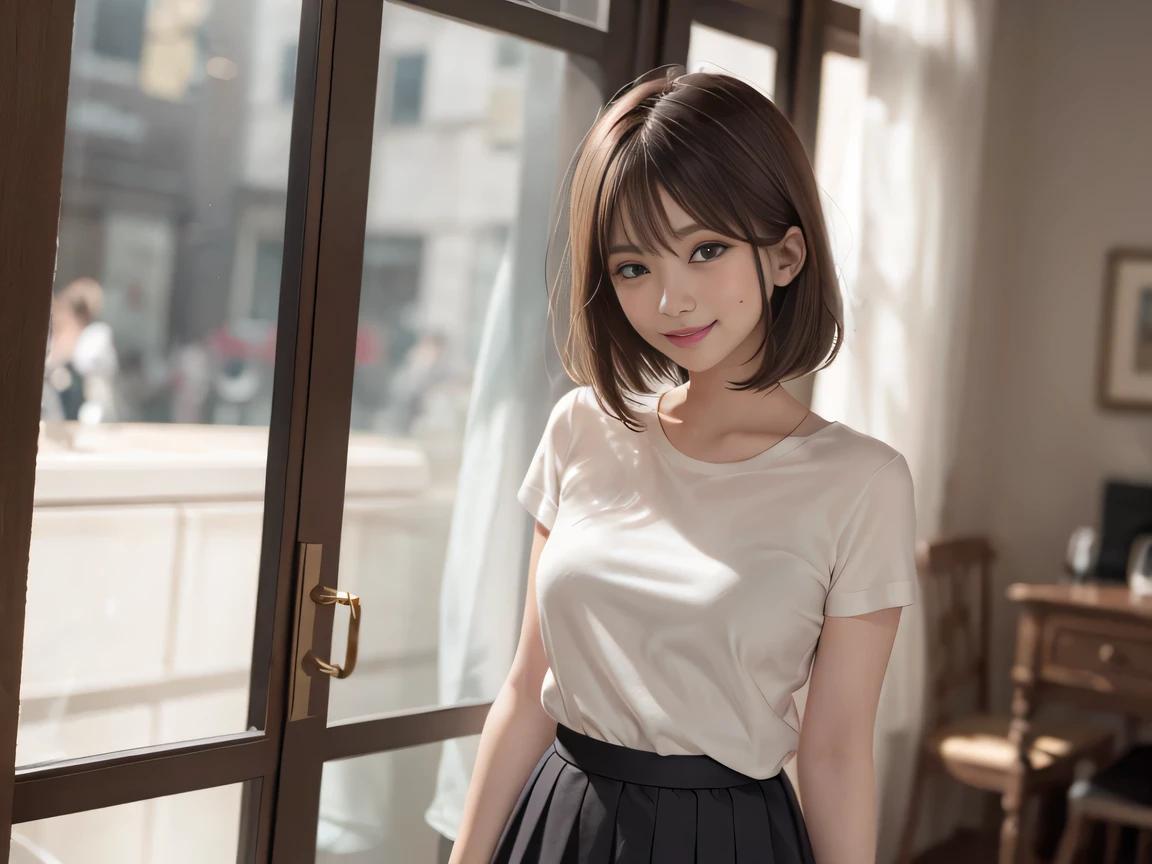 ((Best quality, 8k, Masterpiece: 1.3)), Sharp focus: 1.2, 1 AKB48 girl, beautiful face girl with cat, cute face, age 28, small breasts, flat chest, short messy hair, sitting, spread legs, UNIQLO casual clothes, (skirt: 1.1), (showing white panties: 1.2), cafe, sunlight, dramatic angle, kindness, cinematic lighting, from below, (8k, masterpiece, best quality, raw photo)