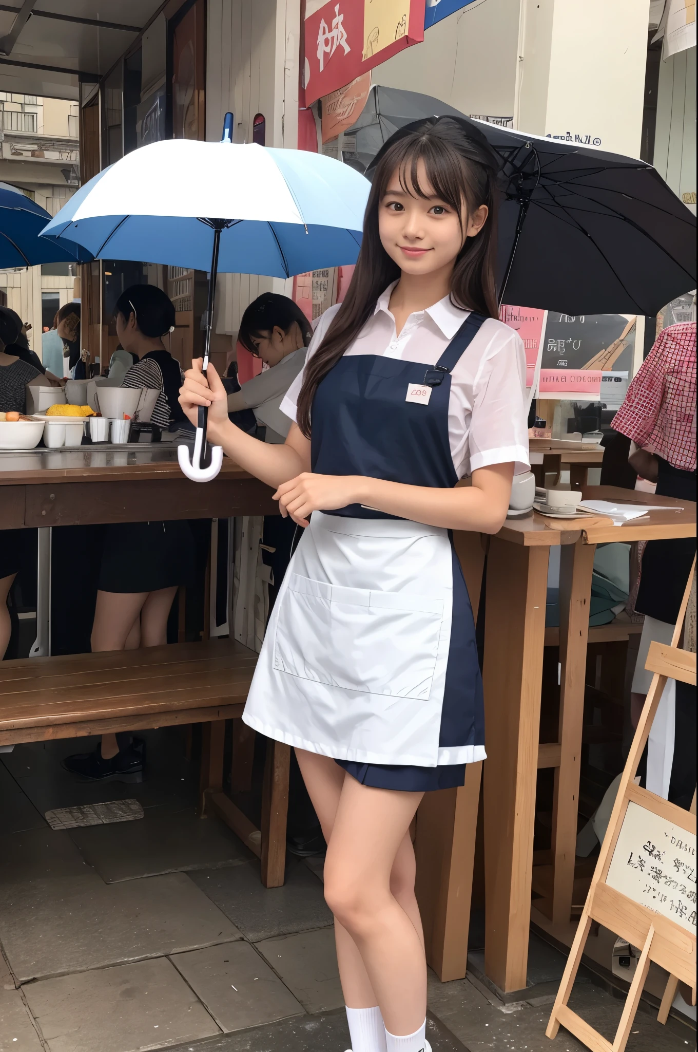 A 20-year-old girl selling umbrellas with umbrellas lined up(Wearing a miniskirt and apron)