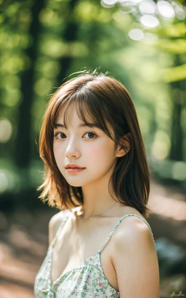 masterpiece, Best Quality, 8K, 1 girl, Japanese cute girl, in summer, forest, stream, out of focus, 18 yo, large breasts, Mouth slightly open, cute little, Solo, sad, summer dress, Girly, Delicate girl, Neat and clean beauty, Raw photo, Professional Photography, Portrait, Soft light, Professional Lighting, Back lighting, Upper body, see the beholder, Sophisticated, Film grain, (Eyes and faces with detailed:1.0), medium hair swaying in the wind, beautiful flowing brown hair,