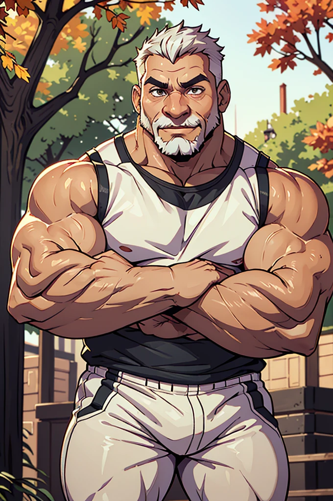 a muscular old man in park, tank top, happy, autumn, suits, vector, mwvector, bokeh, smile, (masterpiece), (best quality), 8k. huge and  muscular, thick arms, short hair, white hair, hand on pocket