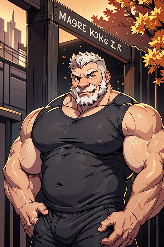 a muscular old man in park, tank top, happy, autumn, suits, vector, mwvector, bokeh, smile, (masterpiece), (best quality), 8k. huge and muscular, thick arms, short hair, white hair, hand on pocket