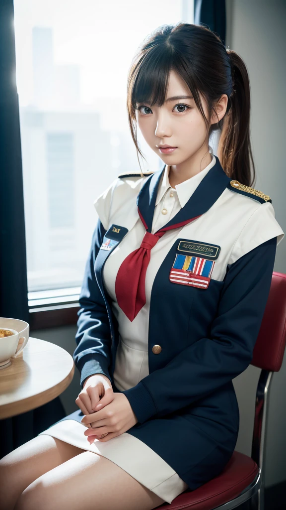 A beautiful young Japanese woman, around 20 years old, wearing a stewardess uniform, ultra-detailed, 8K resolution, highly realistic, cinematic lighting, best quality, masterpiece, photorealistic, physically-based rendering, extremely detailed, vivid colors, professional, sharp focus, studio lighting