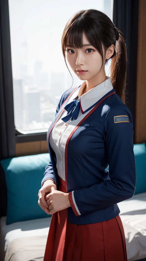 A beautiful young Japanese woman, around 20 years old, wearing a stewardess uniform, ultra-detailed, 8K resolution, highly realistic, cinematic lighting, best quality, masterpiece, photorealistic, physically-based rendering, extremely detailed, vivid colors, professional, sharp focus, studio lighting