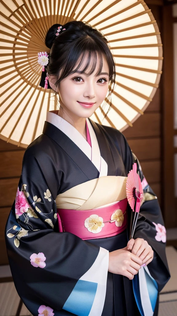 (Super beautiful woman in kimono)、((highest quality、8K masterpiece:1.3))、sharp focus:1.2、(super beautiful face:1.0)、(shiny skin:1.0)、realistic pictures、black hair、video lighting、High resolution eyes and face、video lighting、japanese actress、from the front、with a happy smile、whole body、wearing a kimono、in Kyoto、(luxury obi)、with a fan