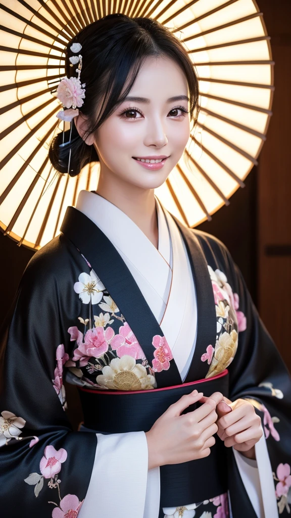 (Super beautiful woman in kimono)、((highest quality、8K masterpiece:1.3))、sharp focus:1.2、(super beautiful face:1.0)、(shiny skin:1.0)、realistic pictures、black hair、video lighting、High resolution eyes and face、video lighting、japanese actress、from the front、with a happy smile、whole body、wearing a kimono、in Kyoto、(luxury obi)、with a fan