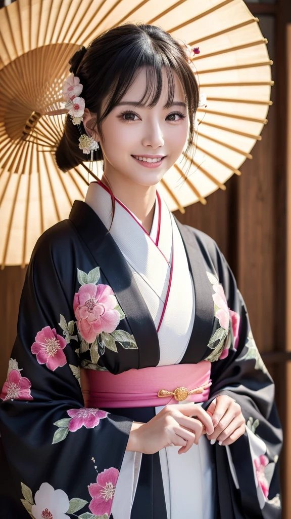 (Super beautiful woman in kimono)、((highest quality、8K masterpiece:1.3))、sharp focus:1.2、(super beautiful face:1.0)、(shiny skin:1.0)、realistic pictures、black hair、video lighting、High resolution eyes and face、video lighting、japanese actress、from the front、with a happy smile、whole body、wearing a kimono、in Kyoto、(luxury obi)、with a fan