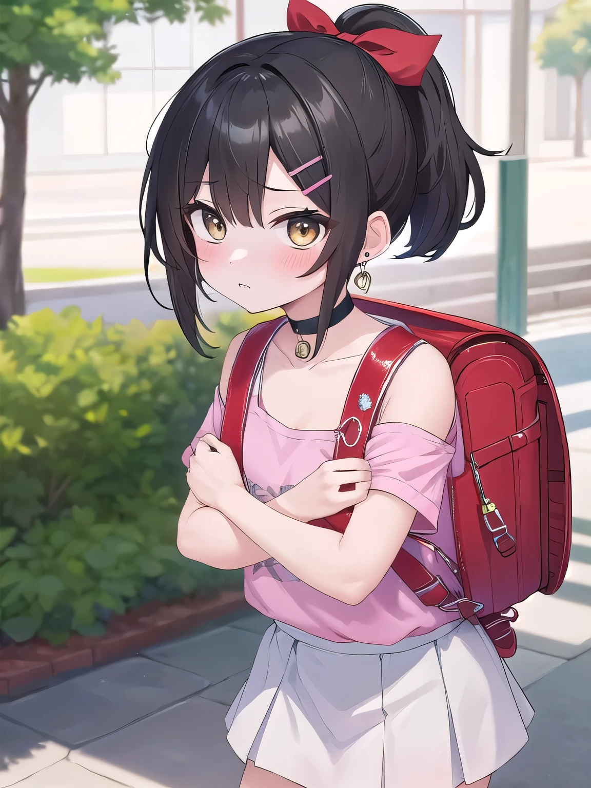 masterpiece, best quality, highres, 1girl, black hair, medium hair,hair clip, white skirt, pink shirt, hair ribbon, jewelry, ponytail, black choker, collarbone, bare shoulders, earrings, short sleeves, outdoors, standing, wearing red backpack, (backpack:1.2), hugging a Teddy bear, (hugging teddy bear:1.2)