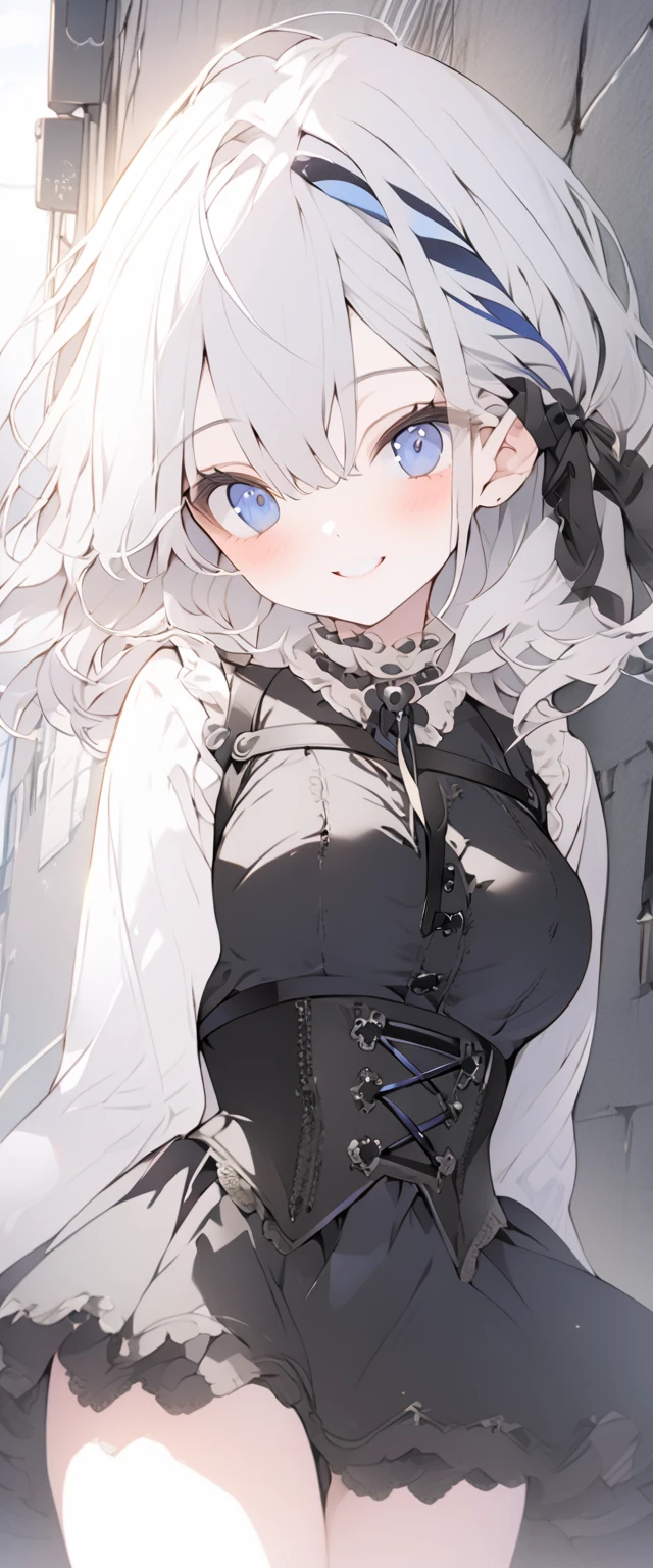 beautiful, masterpiece, Highest quality, anime, One girl, C Cup,Portrait Shot, View your viewers, Covered、Medium Hair、nearby、Blue Eyes、art、、White hair,Blue streaked hair、wallpaper、Cute smile、Thighs、Cute、Beautiful breasts、Full Harness、valley、white_Gothic Lolita Coordination、corset、Courtesy、white_Frilled Skirt、alley