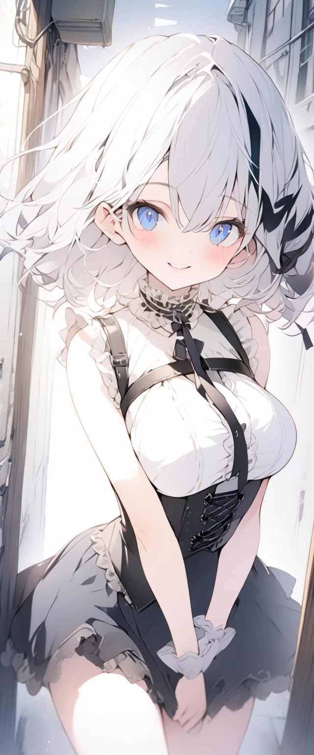 beautiful, masterpiece, Highest quality, anime, One girl, C Cup,Portrait Shot, View your viewers, Covered、Medium Hair、nearby、Blue Eyes、art、、White hair,Blue streaked hair、wallpaper、Cute smile、Thighs、Cute、Beautiful breasts、Full Harness、valley、white_Gothic Lolita Coordination、corset、Courtesy、white_Frilled Skirt、alley