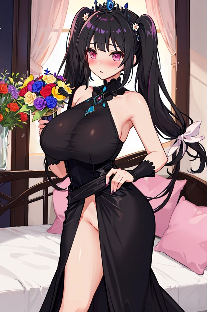 A woman with huge ，A princess，Black long hair，twintails，Exquisite，Gorgeous，complicated，(Super short)Princess dress，Slim waist，pubic，blush，Princess bedroom，Flowers，Flowers，