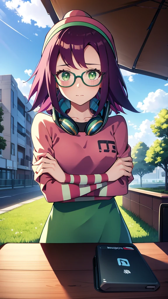 Misora_MegamanSf, 1 Girl, looking at viewer, long hair, Green eyes, Sky background , Blushed , Leaning on a table , Glasses , gaming clothes, gaming headphones