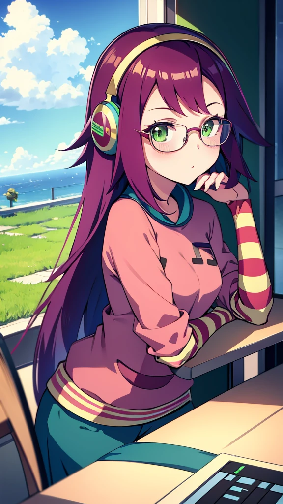 Misora_MegamanSf, 1 Girl, looking at viewer, long hair, Green eyes, Sky background , Blushed , Leaning on a table , Glasses , gaming clothes, gaming headphones