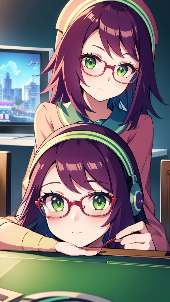 Misora_MegamanSf, 1 Girl, looking at viewer, long hair, Green eyes, Sky background , Blushed , Leaning on a table , Glasses , gaming clothes, gaming headphones