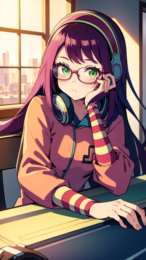 Misora_MegamanSf, 1 Girl, looking at viewer, long hair, Green eyes, Sky background , Blushed , Leaning on a table , Glasses , gaming clothes, gaming headphones