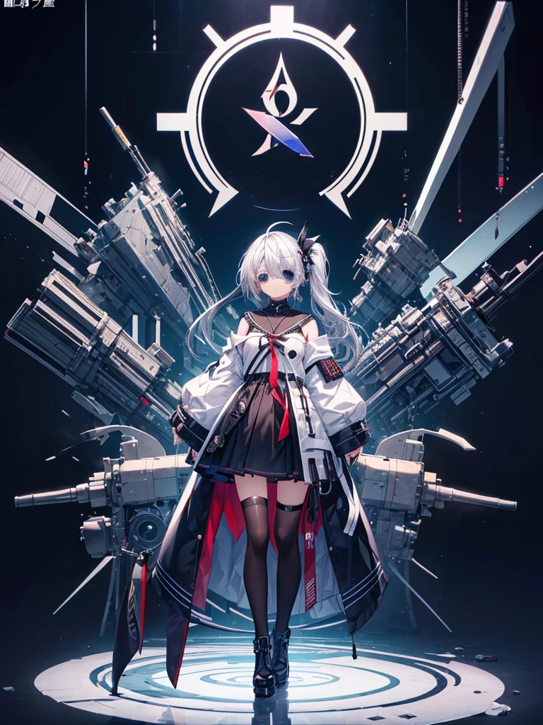 1girl、(((Highest quality、Masterpiece、Official Art、Standing in front of the viewer、)))、Black clothes, blue eyes, Silver Hair, Half Up, Ahoge, Black eyepatch、whole body、vtuber-fullbody,White background、