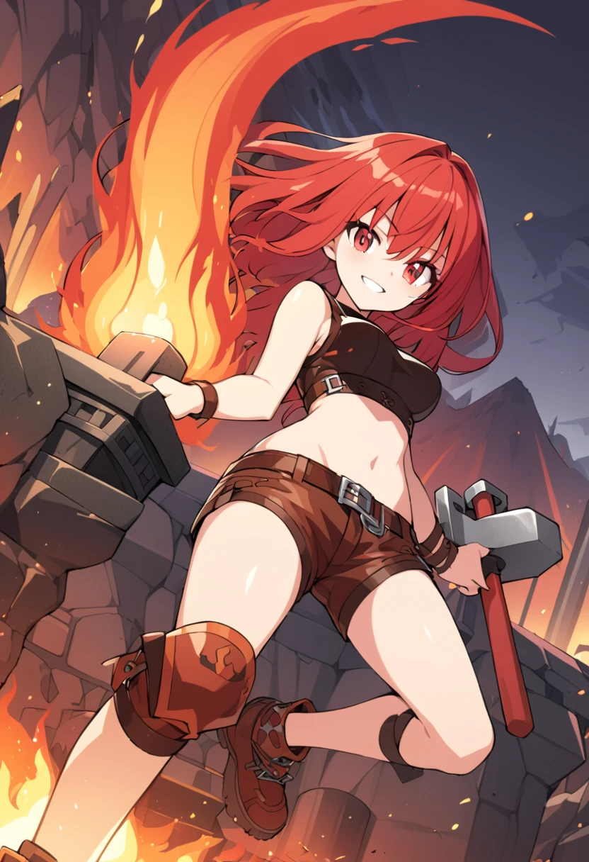 detailed illustration, dynamic angle, ultra-detailed, illustration, 1girl, fire red hair, red orange hair, smith hammer, anvil, lava, mountain, forge, smiling, red eyes, firey eyes, leather clothes, , medium breasts, crop top, shorts,