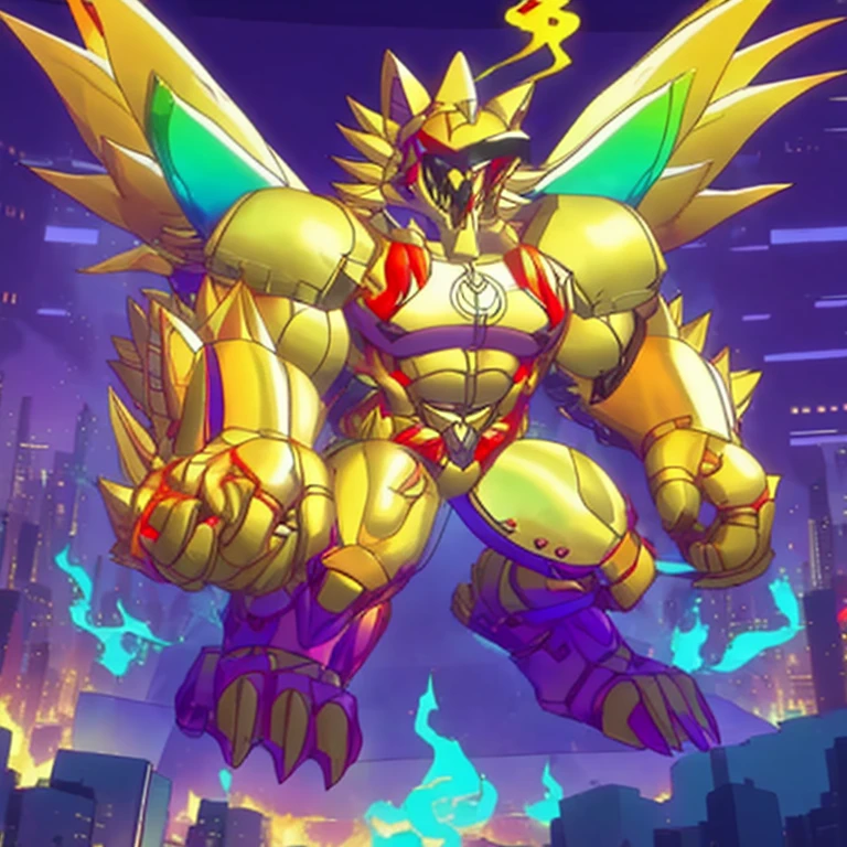 (masterpiece. official art. 8k. best quality. detailed full body. full body.)
(situation 1 : dominating The Phoenix Wolf. The Phoenix Wolf is over 1000 meters long. focus GIANT mechanical Muscular The Phoenix Wolf is trampling the car. Looking down.)
(situation 2 :smoke and flames rising from the destruction in the city)
(Additional details 1: Wearing golden Armor. Cape. Helmet. real texture material. whole body shines like metal. emphasizes the muscles. suit fully made of metal.Robotic suit).
(Additional details 1.5: The arms are golden. The lower half of the body is golden. The wolf-shaped helmet has sharp fangs. The whole body is golden. The chest area is also golden. There is a ring above the head.).
(Additional details 2: Detailed head. Detailed Body. Detailed abs. gigantic muscles. HYPER MUSCLES. Gigachad Muscular. big muscle. pecs. triceps. traps. unusually developed muscular body. body full of huge muscles. showing off muscles. pectorales enormes. Exaggeratedly huge muscles. huge muscles. long legs.).
(Additional details 3: Spread wings. It has wings. The claws are sharp. Sharp teeth.). He is laughing defiantly. The claws are sharp. Sharp teeth.).
(Additional details 3.5 : nj5furry, He is laughing defiantly. medieval armor.).