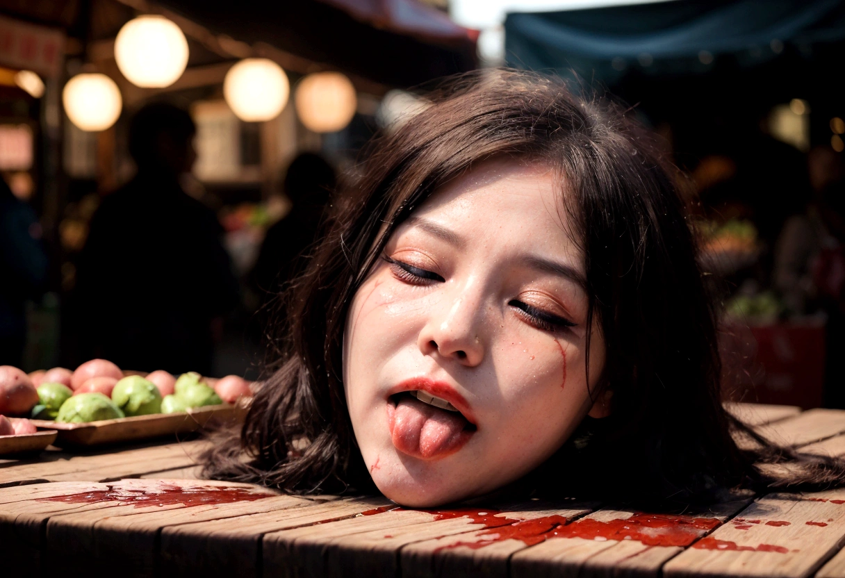 Human head being traded in a traditional market, on a top of table, ahegao face, human trafficking, bleeding, woman's head, open mouth, ((eyes closed)), blood, bleeding, photorealistic, 4K, Nikon, horror, public market, beautiful asian face, pale skins, pale face