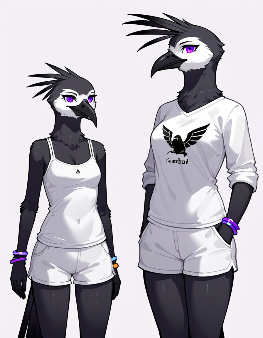 2d art, furry art, an Anthropomorphic avian crow girl, female, black birds crest on head, small grey beak, tall, black arms and legs, black body, wingless, no wings, standing, white background, purple eyes, humanoid body, humanoid arms, hands with five fingers, wearing white shirt, white shorts, silver bracelets,
