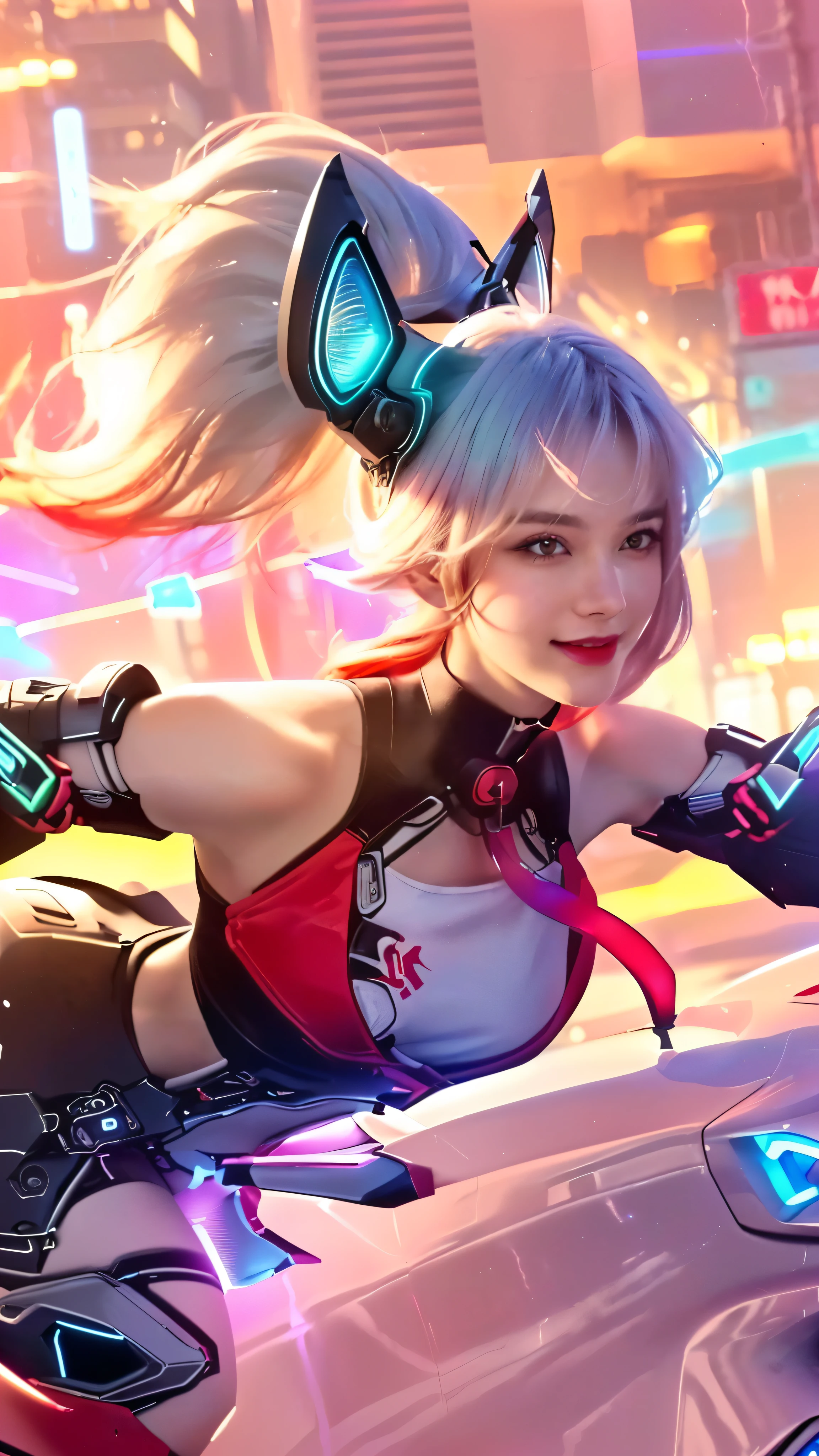 a close up portrait of a young girl with long white and red hair, detailed futuristic cyberpunk outfit, intricate facial features, smile, intense gaze, (best quality,8k,highres,masterpiece:1.2),ultra-detailed,(realistic,photorealistic,photo-realistic:1.37),digital art, concept art, cinematic lighting, moody lighting, dramatic shadows, glowing neon colors, vibrant colors