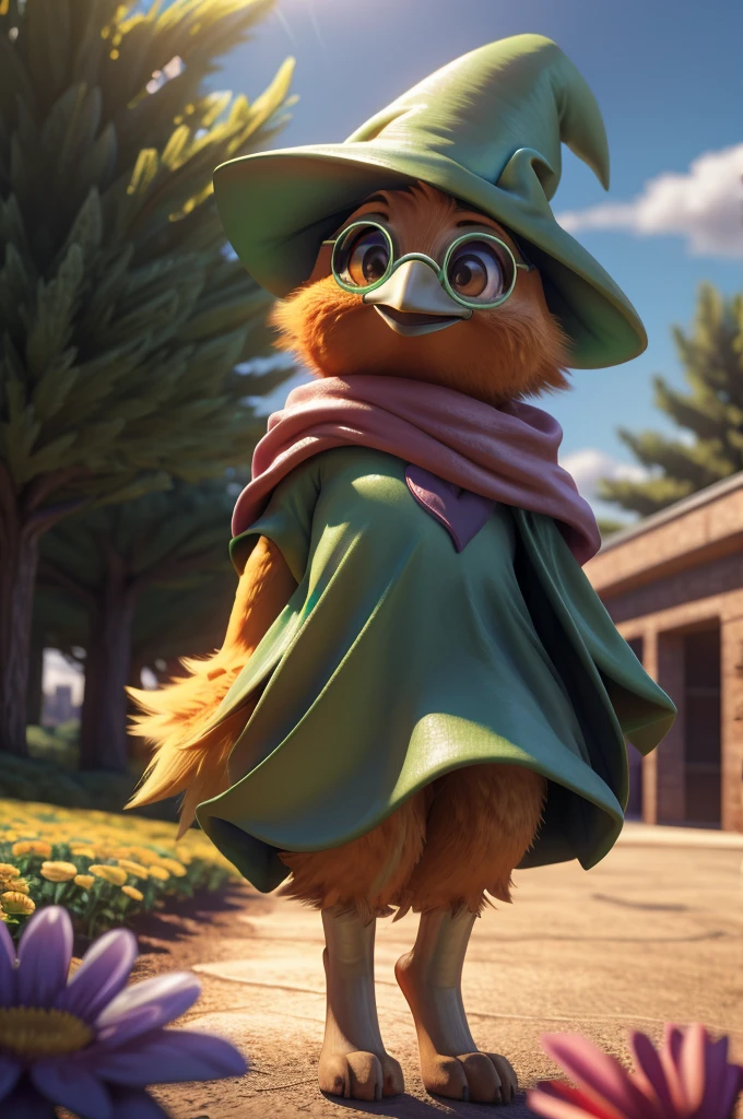 male , bird, torchic, background, (cinematic lighting:1.1), (perfect focus:1.1), 8k hd, (detailed eyes:1.2),depth of field, bokeh, subsurface scattering, perfect breasts, wide ,((Ralsei Deltarune clothing )),bright colors, (furry detail:1.3),detailed background, realistic, photorealistic, ultra realistic,at a school , natural landscape, trees, flowers, sky, clouds,realistic, photorealistic ,smile,(fluffy:1.3), furry, buff, (realistic fur:1.1), (extreme fur detail:1.2),((light orange fur)),(Black pupil, brown eyes,pixar style eyes),torchic tail,3d pixar legs, with pectorals.