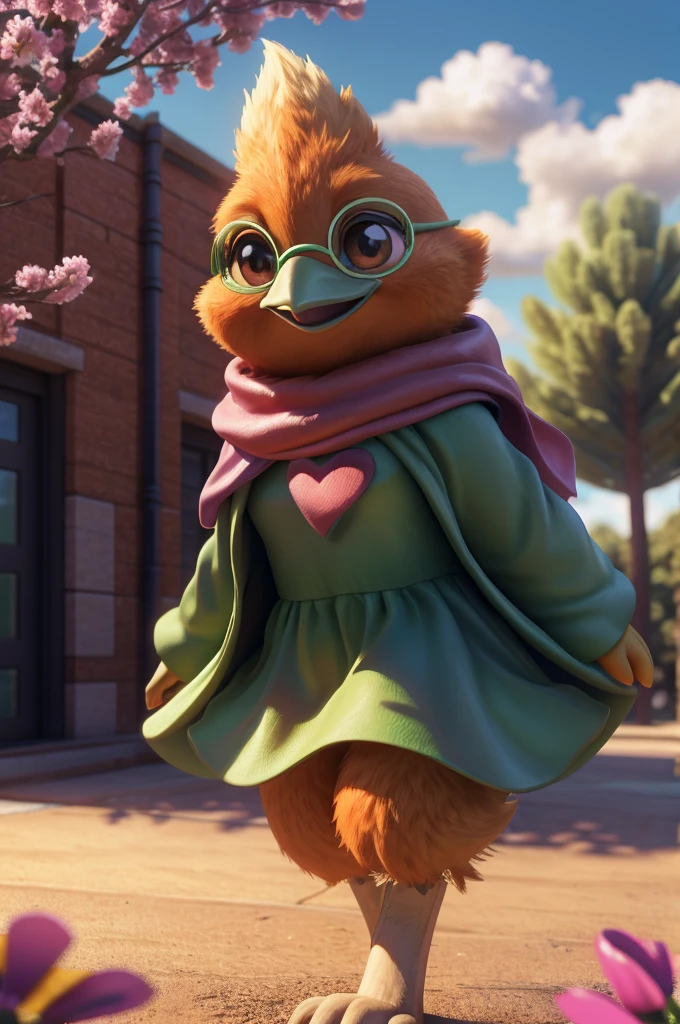 male , bird, torchic, background, (cinematic lighting:1.1), (perfect focus:1.1), 8k hd, (detailed eyes:1.2),depth of field, bokeh, subsurface scattering, perfect breasts, wide ,((Ralsei Deltarune clothing )),bright colors, (furry detail:1.3),detailed background, realistic, photorealistic, ultra realistic,at a school , natural landscape, trees, flowers, sky, clouds,realistic, photorealistic ,smile,(fluffy:1.3), furry, buff, (realistic fur:1.1), (extreme fur detail:1.2),((light orange fur)),(Black pupil, brown eyes,pixar style eyes),torchic tail,3d pixar legs, with pectorals.