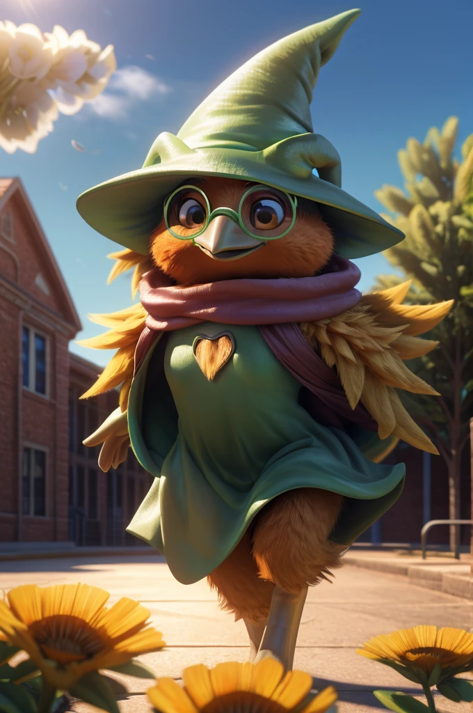 male , bird, torchic, background, (cinematic lighting:1.1), (perfect focus:1.1), 8k hd, (detailed eyes:1.2),depth of field, bokeh, subsurface scattering, perfect breasts, wide ,((Ralsei Deltarune clothing )),bright colors, (furry detail:1.3),detailed background, realistic, photorealistic, ultra realistic,at a school , natural landscape, trees, flowers, sky, clouds,realistic, photorealistic ,smile,(fluffy:1.3), furry, buff, (realistic fur:1.1), (extreme fur detail:1.2),((light orange fur)),(Black pupil, brown eyes,pixar style eyes),torchic tail,3d pixar legs, with pectorals.