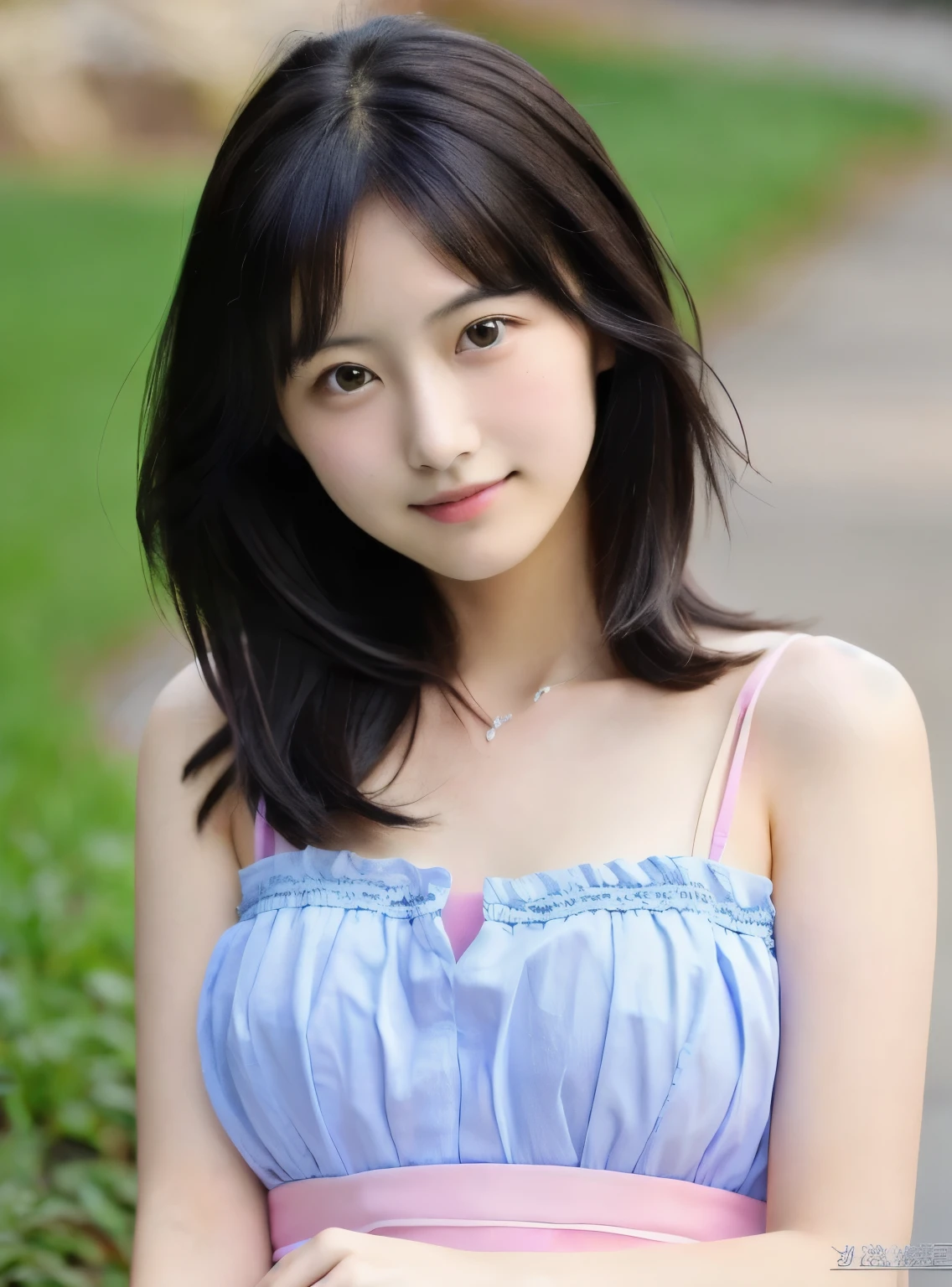 there is a woman in a blue and pink dress posing for a picture, young sensual gravure idol, young pretty gravure idol, realistic young gravure idol, young gravure idol, young skinny gravure idol, sophisticated gravure idol, yasumoto oka, japanese model, mayuri shiina, shiori teshirogi, sui ishida with black hair