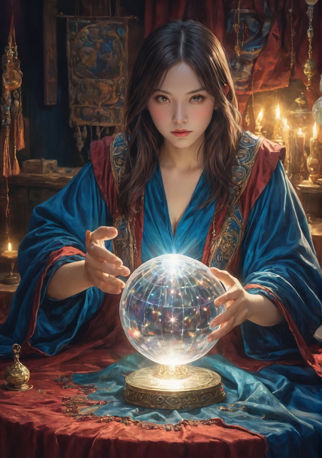 Female fortune teller. (Overall body orientation: frontal) Charming, beautiful and mysterious. She wears a blue cloak and has a clear face. Eyes wide open, looking straight ahead. Bright and glittering, full of anxiety and anticipation. He holds a crystal ball in each hand. He supports the large crystal ball with the five fingers of each hand. He stands up and holds the crystal ball in front of his chest. The lighting in the room is bright, creating a fantastic atmosphere. Highest picture quality, 4K or 8K resolution. Level of detail is very fine and photorealistic. Artistic style should reflect a formal aesthetic with bright colors and strong contrasts. The color palette should emphasize the mysterious and mystical theme of the work. The fortune teller's cloak is decorated with metal borders and intricate designs, with a thickness ratio of 1.5 The overall atmosphere is pretty and magical. The fortune teller's expression should be mysterious and intriguing.