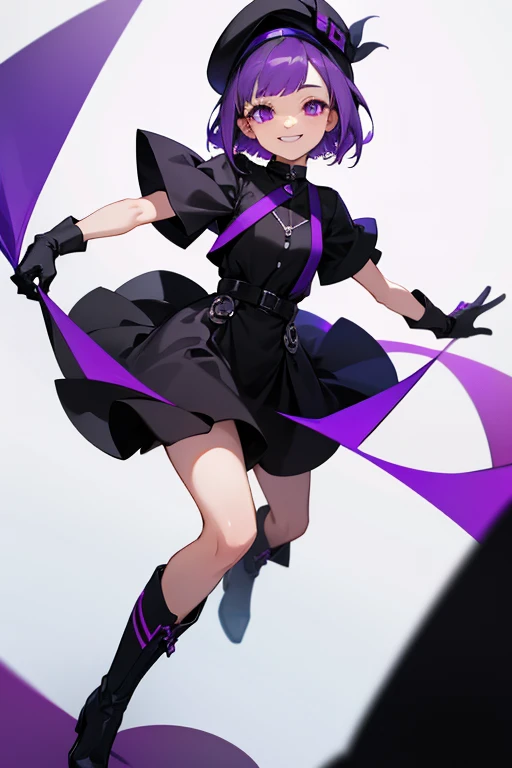 White girl,in black cap,with purple eyes, with short purple hair,with a black dress,with black gloves,with black boots and smiling