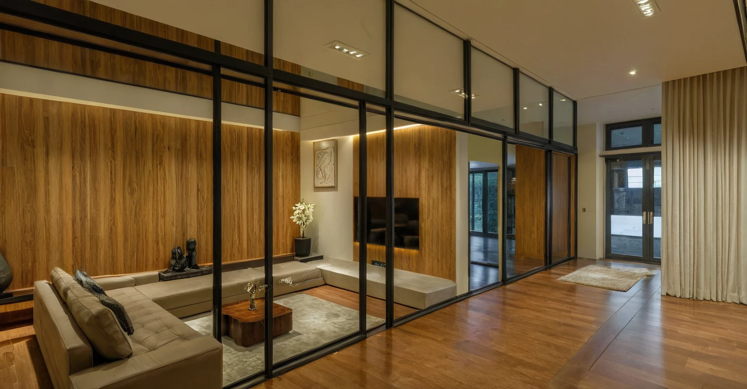 Raw photo, Masterpiece, high quality, best quality, authentic, super detail, interior, indoors, style modern, minimalist line, wooden, oak wood, led light, beige paint wall, sofa, daylight, atrium, LIVING ROOM, PEN HOUSE, kitchen, island kitchen, alu window, japan style, wasabi style, Jen style