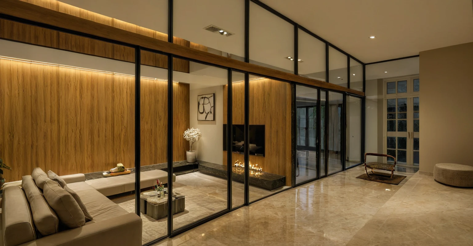 Raw photo, Masterpiece, high quality, best quality, authentic, super detail, interior, indoors, style modern, minimalist line, wooden, oak wood, led light, beige paint wall, sofa, daylight, atrium, LIVING ROOM, PEN HOUSE, kitchen, island kitchen, alu window, japan style, wasabi style, Jen style