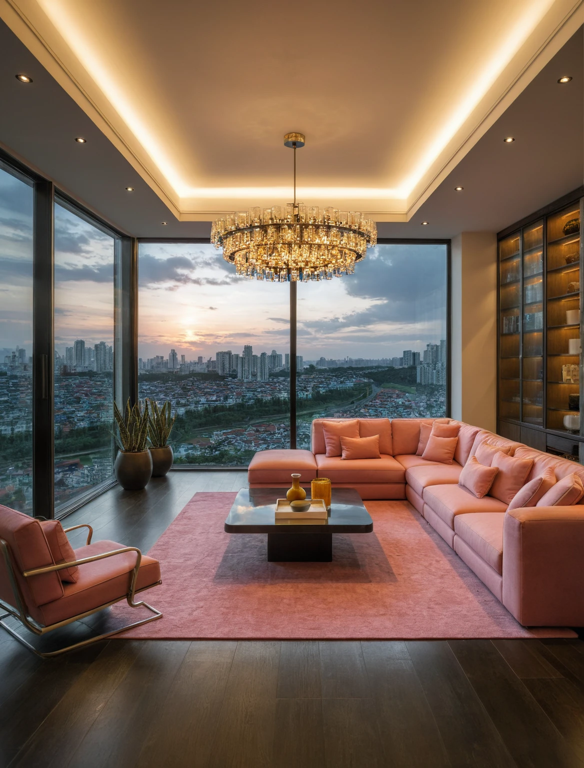 Raw photo,Masterpiece, high quality, best quality, authentic, super detail, interior, livingroom style modern, sunset, evening light, sofa, tea table, carpet, flower vase on tea table, wine bottle, tray, armchair, wine cabinet, books, glass cabinet doors, snake plant pot, downlight, windows overlooking the evening sea in viet nam, (((black and pink tones))), black wooden floor, Chandeliers