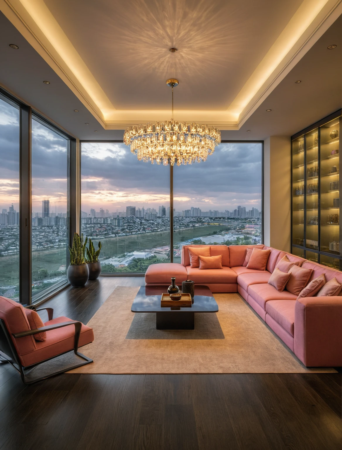Raw photo,Masterpiece, high quality, best quality, authentic, super detail, interior, livingroom style modern, sunset, evening light, sofa, tea table, carpet, flower vase on tea table, wine bottle, tray, armchair, wine cabinet, books, glass cabinet doors, snake plant pot, downlight, windows overlooking the evening sea in viet nam, (((black and pink tones))), black wooden floor, Chandeliers