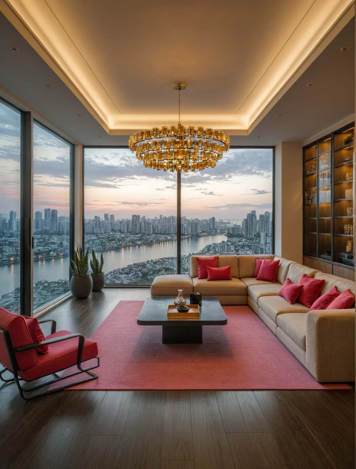 Raw photo,Masterpiece, high quality, best quality, authentic, super detail, interior, livingroom style modern, sunset, evening light, sofa, tea table, carpet, flower vase on tea table, wine bottle, tray, armchair, wine cabinet, books, glass cabinet doors, snake plant pot, downlight, windows overlooking the evening sea in viet nam, (((black and pink tones))), black wooden floor, Chandeliers