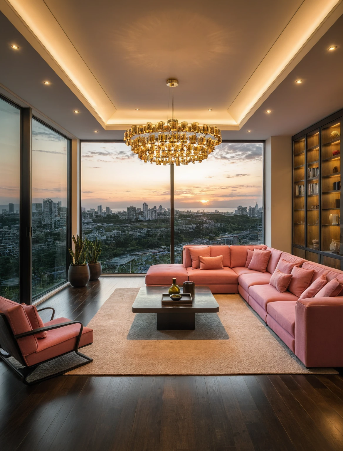 Raw photo,Masterpiece, high quality, best quality, authentic, super detail, interior, livingroom style modern, sunset, evening light, sofa, tea table, carpet, flower vase on tea table, wine bottle, tray, armchair, wine cabinet, books, glass cabinet doors, snake plant pot, downlight, windows overlooking the evening sea in viet nam, (((black and pink tones))), black wooden floor, Chandeliers