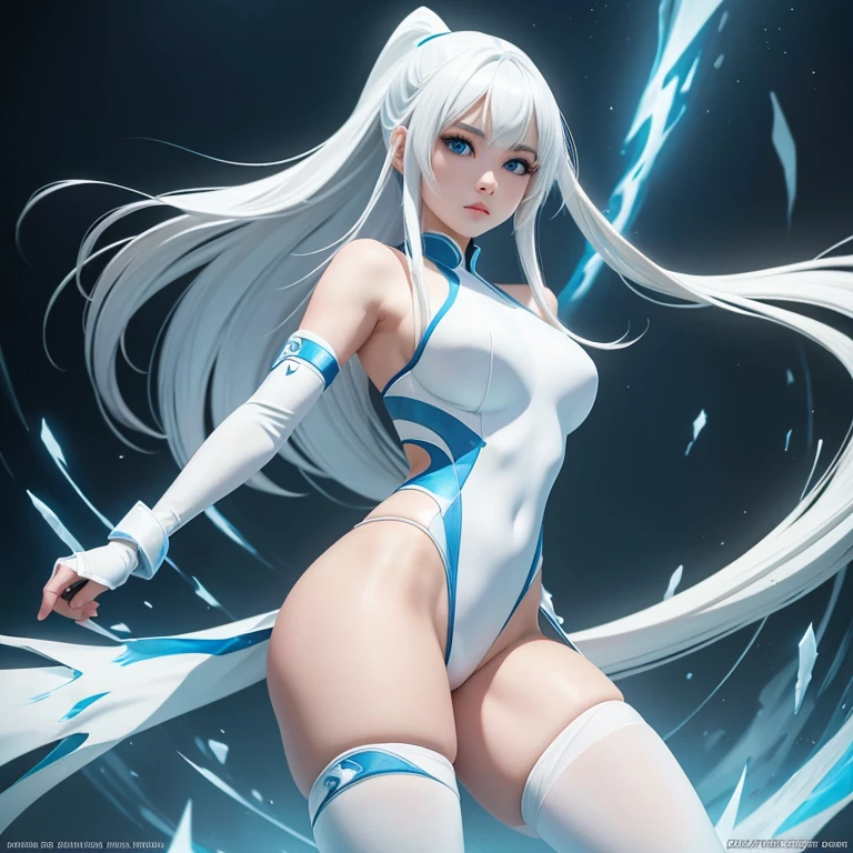 Korean girl, white long hair with bangs, icy blue eyes, white skin, white skimpy ninja suit, video game style, mortal kombat style