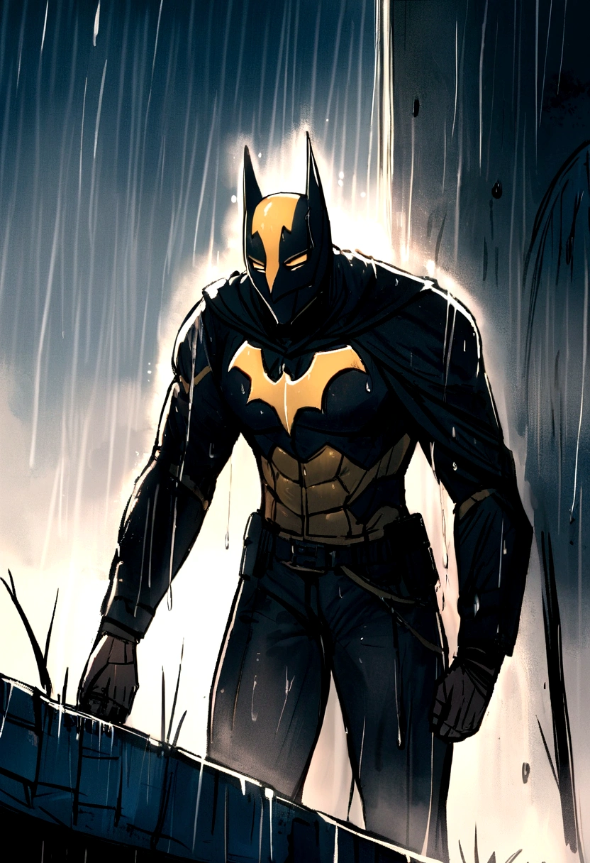 create conceptual arts with batman man with a thin and strong beard he is blond and wet in the rain,Ranni,with half of the mask broken